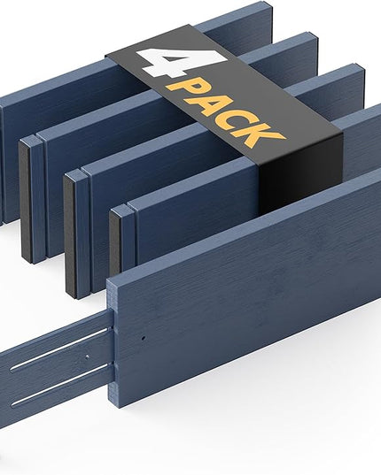 SpaceAid Bamboo 4 Pack Dresser Drawer Dividers, 4.65“ High Adjustable 12.5“-17” Drawer Organizers, Expandable Organization for Clothing, Clothes, Dressers, Navy Blue