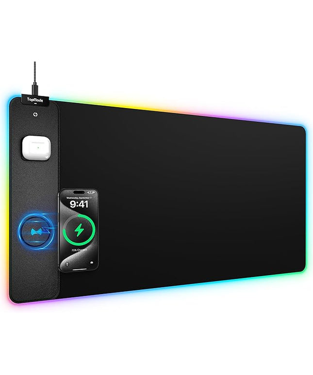 TopMade Wireless Charging RGB Mouse Pad, Waterproof Gaming Desk Pad with 4 Light Modes & 11 RGB Colors, Ultra-Smooth Surface, Non-Slip Base, 31.5"x15.75" XXL Large Desk Mat for MacBook, PC, Laptop