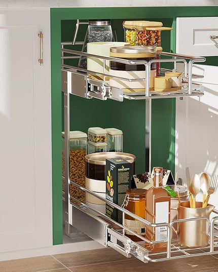LOVMOR 2 Tier Individual Pull Out Cabinet Organizer 7½" W x 21½" D, Slide Out Kitchen Cabinet Storage Sliding Shelves