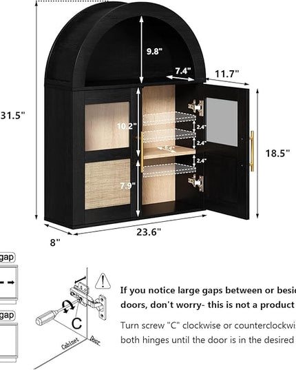 RUSTOWN Arched Bathroom Wall Cabinet, Rattan Medicine Cabinet with 2 Glass Doors, Farmhouse Over The Toilet Storage Cabinets with Adjustable Shelves, 3-Tier Wall Mounted Cabinets