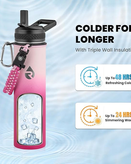 Insulated Water Bottle 24oz, Triple Wall Vacuum Stainless Steel (Cold for 48 Hrs, Hot for 24Hrs), Leak Proof & Non-BPA, 24oz Hydro Water Flask with Paracord Handle & Straw Spout Lids