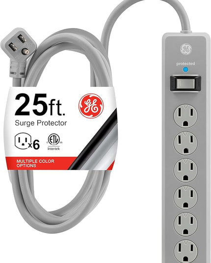 GE Surge Protector Power Strip, 25 Ft Extension Cord, 6 Outlet Extender, 800 Joules, Flat Plug, Twist-to-Close Safety Covers, UL Listed, Gray, 62470
