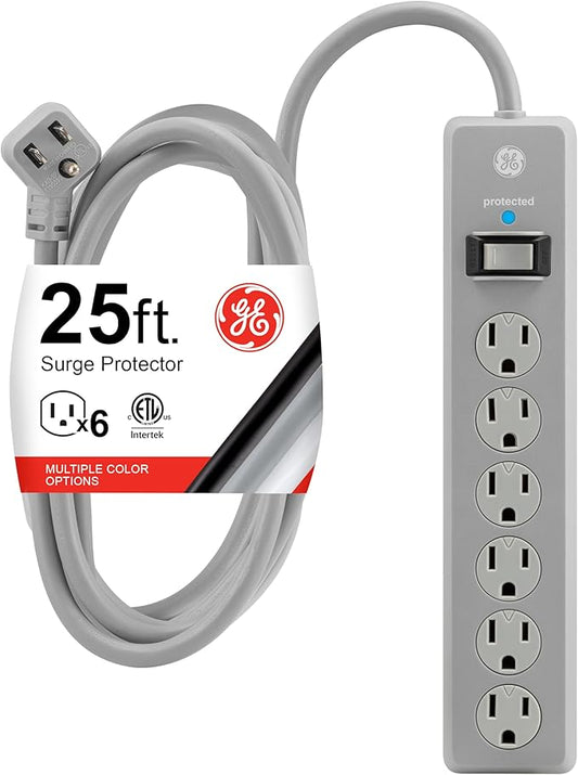 GE Surge Protector Power Strip, 25 Ft Extension Cord, 6 Outlet Extender, 800 Joules, Flat Plug, Twist-to-Close Safety Covers, UL Listed, Gray, 62470