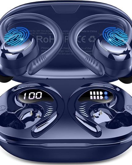 Wireless Earbuds Sport, 2025 Bluetooth 5.4 Headphones with Earhooks, 50H Stereo Deep Bass Over Ear Buds with 4 ENC Noise Canceling Mics, IP7 Waterproof Earphones for Running Workout Gym -Blue