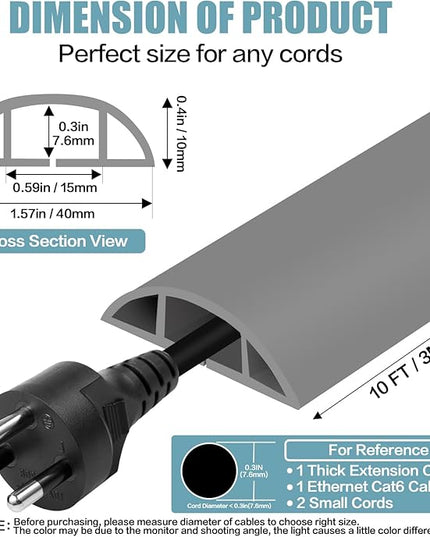 Floor Cord Cover Self Adhesive Cord Hider,10FT Cable Management, Extension Strip Protector for Wires, Prevent Cable Trips for Offices, Gyms, Exhibitions Cavity:0.51"(W) x 0.3"(H) Gray