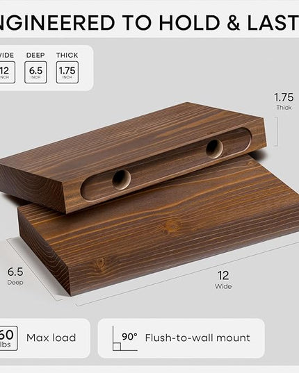 Homeforia Classic Walnut 12 inch Floating Shelf, High End Solid Real Wood Small 12inch Floating Shelves for Wall Mounted, 12in Floating Shelves, Heavy Duty Bracket, 12 X 6.5 X 1.75 inches, Set of 3