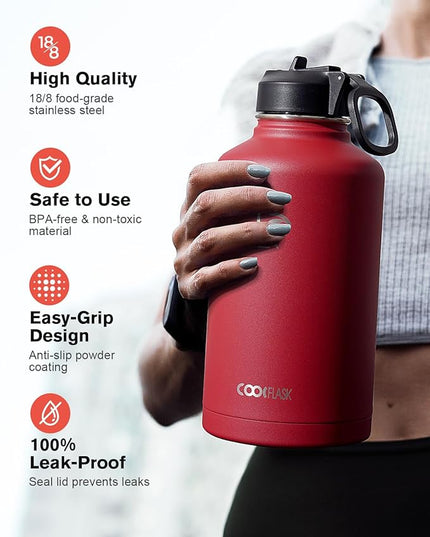 Coolflask Half Gallon Water Bottle Insulated with Straw & 3 Lids, 64 oz Water Jug Large Metal Stainless Steel Wide Mouth for Sports, Gym or Office, Non-BPA Keep Cold 48H Hot 24H, Red