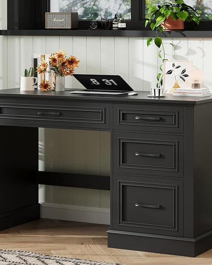 Vabches Farmhouse 47" Executive Desk with File Drawer, Computer Desk with 4 Drawers, Workstation for Study, Home Office, Writing, Pure Black.