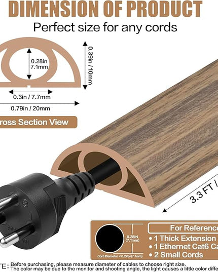 Floor Cord Cover Self Adhesive Cord Hider,3.3FT Cable Management, Extension Strip Protector for Wires, Prevent Cable Trips for Offices, Gyms, Exhibitions Cavity:0.3"(W) x0.28(H) Woodsmokedbrown
