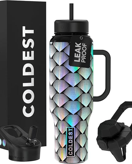 Coldest Tumbler with Handle and Straw, 100% Leak Proof Insulated Tumbler with Lid and Straw (3 Lids), Stainless Steel Tumblers for Women & Men, Cup Holder Friendly Base, 46 oz (Moonlight Dragon)