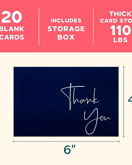 VNS Creations 20 Pack Thank You Cards With Envelopes, Stickers, 4x6 Inch Blank Thank You Notes - Bulk Box Set Large Notes for Graduation, Wedding, Small Business, Baby & Bridal Shower - Navy Blue
