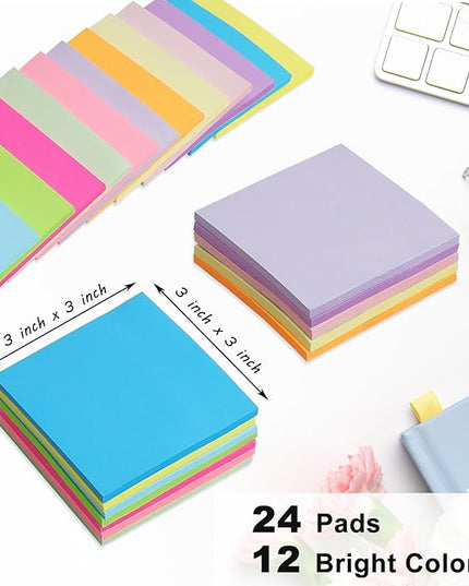 (24 Pack) Sticky Notes 3x3 in Post, 12 Bright Colors Sticky Note Self-Stick Notes Pads,Strong Adhesive, Easy to Post for Home, Office, Notebook