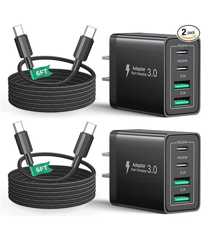40W USB C Charger Cube, 2Pack 4-Ports Wall Plug Fast Charging Block with 6FT USBC to USBC Cord, Multiport Brick Type C Box Compatible with iPhone 16/15, Samsung S25 S24 S23, iPad, Cellphones Charger