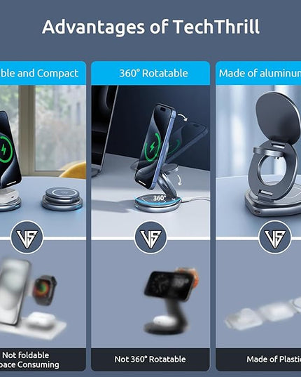 3 in 1 Wireless Charging Station for Apple Travel Charger for Multiple Devices Aluminum Alloy Foldable Magnetic Magsafe Charger 360 Rotating for iPhone 17/16/15/14/13/12 Series,for iWatch,for Airpods