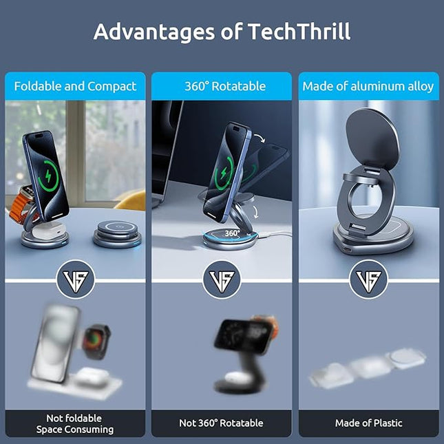 3 in 1 Wireless Charging Station for Apple Travel Charger for Multiple Devices Aluminum Alloy Foldable Magnetic Magsafe Charger 360 Rotating for iPhone 17/16/15/14/13/12 Series,for iWatch,for Airpods