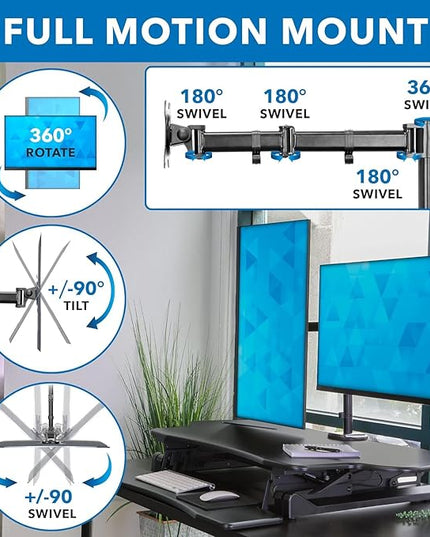 Mount-It! Standing Desk Converter Height Adjustable 47" Extra Large Wide Stand Up Desk Riser, Dual Monitor Arm Mounts, Stand Up Desk Convertor with Keyboard Tray, Fits Two Monitors up to 32"