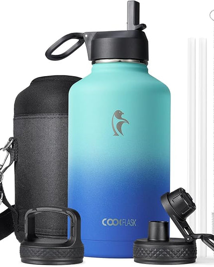 Insulated Water Bottle 64 oz with Straw & 3 Lids, Coolflask Half Gallon Water Jug Large Metal Stainless Steel Wide Mouth for Sports, Gym or Office, Non-BPA Keep Cold 48H Hot 24H, Pacific Prince