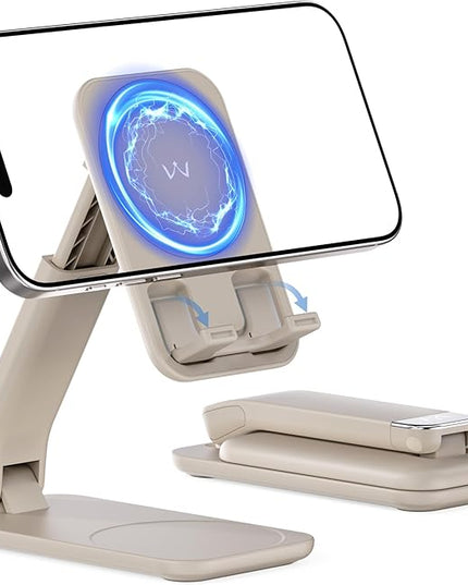 iWALK Magnetic Cell Phone Stand for Desk, Angle and Height Adjustable Mobile Phone Holder, Foldable Magnet Stand for iPhone 17 16 15 14 13 12 Pro Max and iPad, Cell Phone Holder, Light Brown