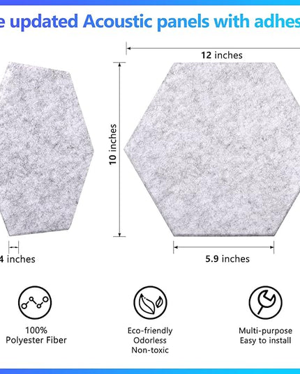18 Pack Hexagon Acoustic Panels, 12" X 10" X 0.4" High Density Sound Absorbing Panels Soundproof Wall Panels for Home Sound Proof Insulation Beveled Edge Studio Treatment Tiles (Gray)