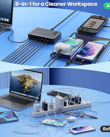 USB C Charger 300W USB C Charger Block, 8-Ports GaN IV Fast Charging Station Hub, Dual PD 100W Laptop Charger Adapter,for MacBook Pro/Air/iPad/iPhone16/15/14/Apple Watch/DELL/Samsung for Home Office