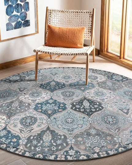 Lahome Moroccan Trellis Round Rug, 5ft, Blue, Faux Wool, Machine Wash, Non-Slip Backing, Low Pile, Floral Pattern, Area Rug for Bedroom, Living Room, Bathroom