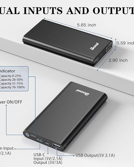BONAI Portable Charger 12,000mAh 5V/3A Fast Charging Power Bank, Dural Input & Output Ports (USB-C in & Out) Portable Phone Charger for iPhone 17/16/15/14/13/12 Series Galxy Android iPad etc - Black