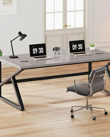 IBF 70 Inch Large Home Office Desk, Industrial Long Executive Work Writing Study Computer Table, Farmhouse Big Metal Wood Double Desk for Bedroom Living Room, Rustic Dual Monitor Desk, Light Grey
