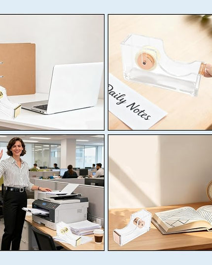 Gold Tape Dispenser, Clear Acrylic Desk Tape dispensers with Serrated Metal Edge, Modern Aesthetic Office & Craft Tape Organizer for Gift Wrapping, 1 Inch Core, Non-Slip Weighted Base