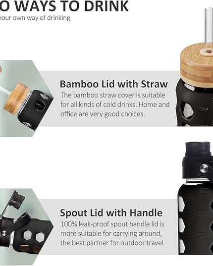 MUKOKO 32oz Glass Water Bottles with 2 Lids-Handle Spout Lid&Bamboo Straw Lid, Motivational Water Tumbler with Time Marker Reminder and Silicone Sleeve, Leakproof-Black-1 Pack