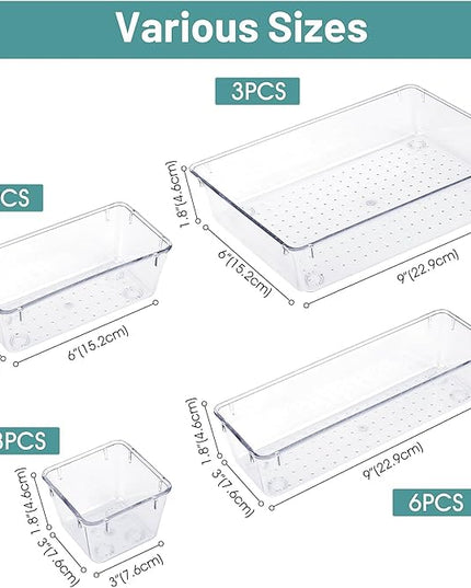 WOWBOX 25 PCS Clear Plastic Drawer Organizer Set, 4 Sizes Desk Drawer Divider Organizers and Storage Bins for Makeup, Jewelry, Gadgets for Kitchen, Bedroom, Bathroom, Office