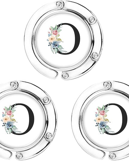 Iqimott 3pcs Personalized Initial Foldable Purse Hook for Table, Flower Letter Folding Handbag Hanger Portable Magnet Table Hook Holder, Collection Desk Purse Hooks for Women Bag (Black-O)