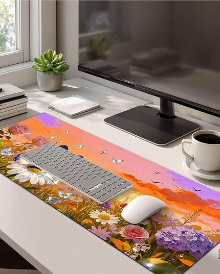 XL Mouse Pad Gaming Mousepad 31.5 x 11.8 Inch Large Keyboard Desktop Mat Diatomite XL Mouse Pad for Home and Office Desk Accessories with Sunset Garden Butterfly Artwork