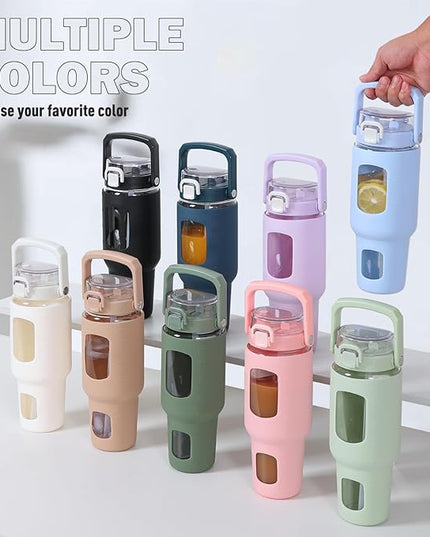 BLUEGO 40oz Glass Tumbler with Lid and Straw, Glass Water Bottles with Handle, Glass Cup with Time Marker and Silicone Sleeve, Fits Most Cup Holder, Leak-proof, Amber