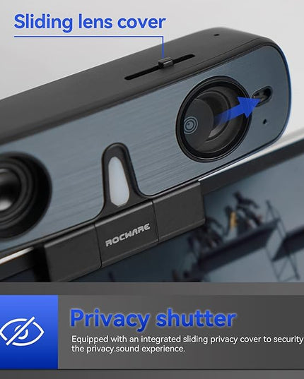 ROCWARE RC08 2K Webcam with Speaker, Webcam for PC, HD Web Cam with Noise Reduction Mic/Harman Speaker/4X Eptz/Privacy Cover/0.2S Auto-Focus/Low Illumination, Computer Camera for Zoom/Teams/Meeting