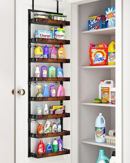 bukfen Over the Door Pantry Organizer, 8-Tier Adjustable Wooden Basket Kitchen Pantry Door Organization and Storage,2 in 1 Wall Mount or Hanging Heavy-Duty Metal Hanging Kitchen Spice Rack,1 Pack
