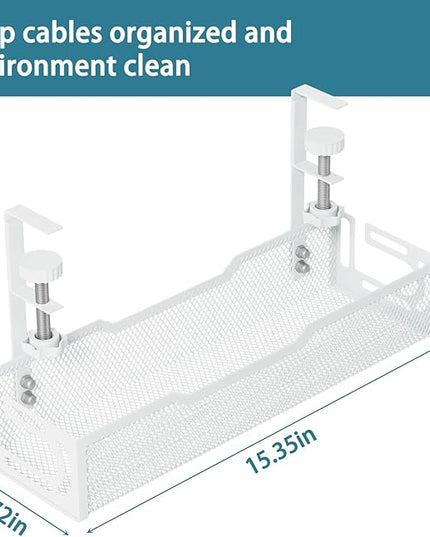 Under Desk Cable Management Tray, No Drill Mesh Desk Cable Tray, Wire Management Tray Cable Management Rack, Wire Organizer and Cable Management Box (White)