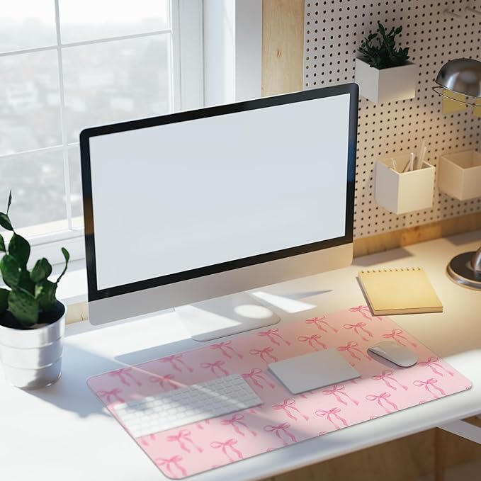 Pink Bows Mouse Pads Coquette Kawaii Mouse Pad 23.62 x 13.78 Inches Preppy Trendy Computer Desk Mat for Laptop with Non-Slip Rubber Base Mat Office Accessories Decor for Women
