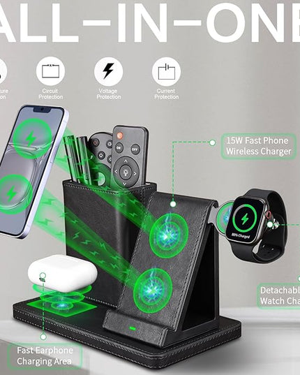 LADSTAG Office Supplies Desk Accessories,Pen Holder Remote Control Holder, Organizer with Phone Charger,Nightstand Desktop Organizer,Black Leather Desk Organizer With Charging Station (black)