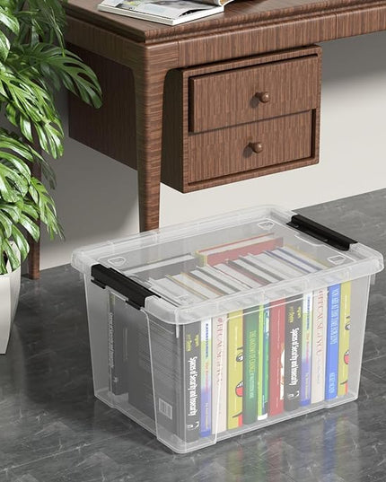Set of 4 34 L Stackable Plastic Storage Bins with Latching Lids and Wheels, Clear Home Organization Container Box, See-Through