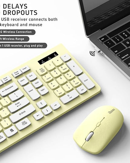 Wireless Keyboard and Mouse Combo, Full-Sized Wireless Keyboard and Adjustable DPI Mouse, 2.4GHz USB Receiver, Keyboard and Mouse for PC, Windows, Desktop, Laptop (Canary Yellow)