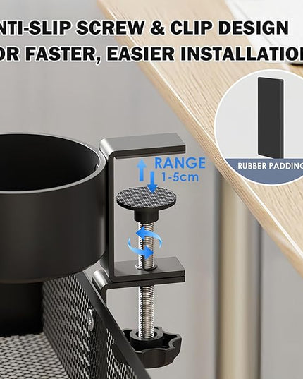 Cup Holder Under Desk Drawer 360° Swivel C-clamp Mounting Mesh Storage Box Spill-proof Easy Install Table Management Tray
