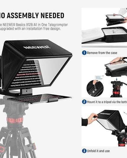 NEEWER Basics X12B Aluminum Alloy Teleprompter 12" for iPad Tablet DSLR Camera, Bluetooth, No Assembly, Remote & App Control, Compatible with iOS Android, Black, for Streaming