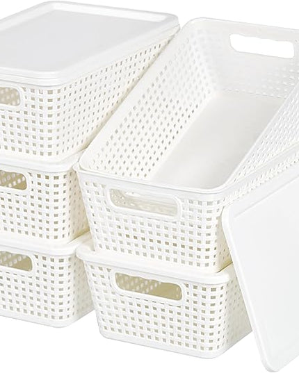 Plastic Storage Baskets With Lid, Storage Bins for Organizing, Stackable Decorative Containers for Shelves Drawers Desktop Closet Playroom Classroom Office, 6 Pack- White