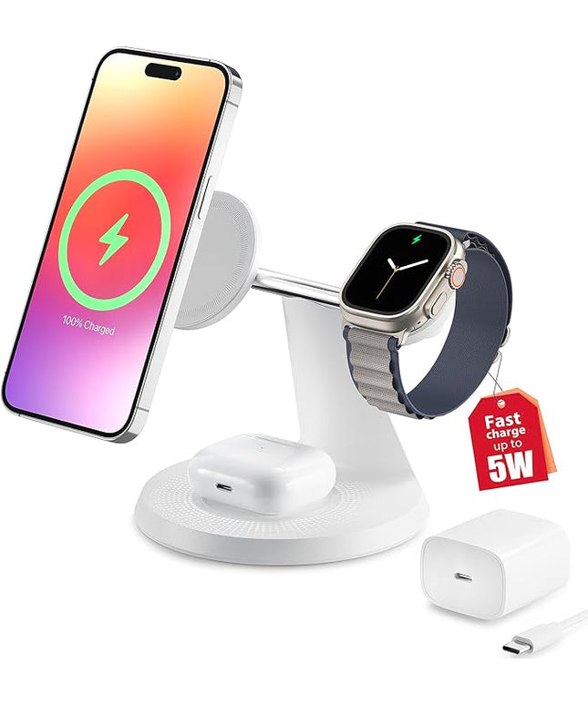 3 in 1 Wireless Charging Station for Apple Device: Fast Charging Station for iPhone and Watch with MagSafe, Stable Charger Stand for iPhone 12-16 & iWatch & AirPods