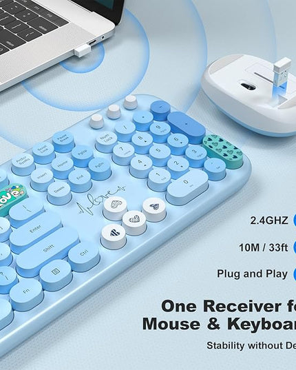 MOFII Wireless Keyboard and Mouse Combo, Full Size 2.4G Plug and Play Typewriter Retro Round Computer Keyboard and Mouse Set for Windows, Computer, Desktop, PC, Notebook - (Blue Colorful)
