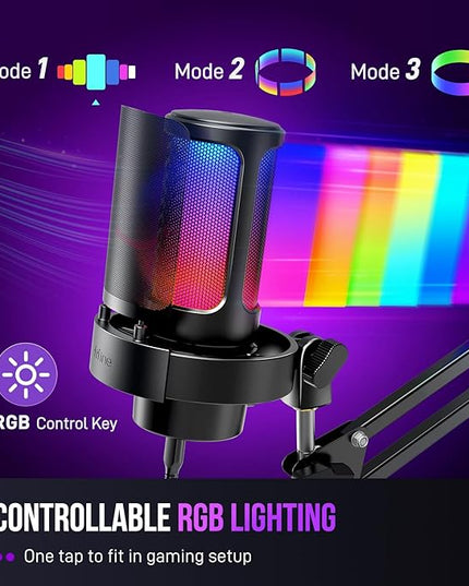 FIFINE USB Gaming Microphone Kit, PC Streaming Mic with RGB Lights, Mute, Gain Knob, Metal Boom Arm for Recording Podcast, Condenser Computer Microphone Set Compatible with PS4/PS5-AmpliGame A8T