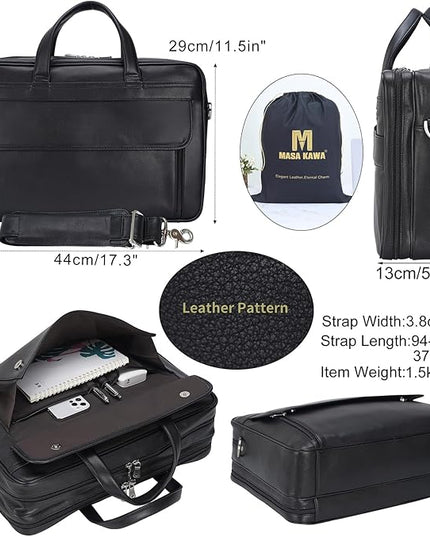 Masa Kawa Leather Briefcase for Men 15.6", 17" Laptop Computer Case Business Travel Work Messenger Cross Body Shoulder Bag