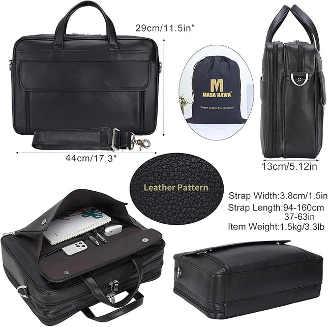 Masa Kawa Leather Briefcase for Men 15.6", 17" Laptop Computer Case Business Travel Work Messenger Cross Body Shoulder Bag