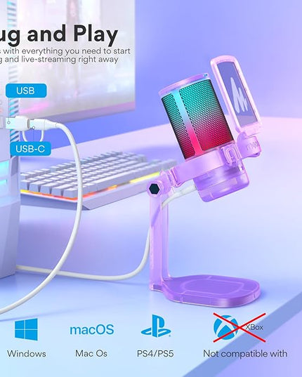 MAONO Gaming Microphone with Noise Cancellation, PC USB Condenser Mic for Computer, Mac, Laptop, PS5, Streaming, Podcast, Twitch, YouTube, Discord, GamerWave DGM20 Purple