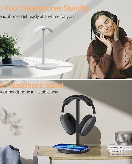 Headphone Stand with Wireless Charger, Gaming Headset Holder Hanger Rack 2 IN 1 Wireless Charging Station Dock for iPhone 15/14/13/12/11 Series, Samsung, AirPods Pro/3/2 and Desk All Headphones, Black